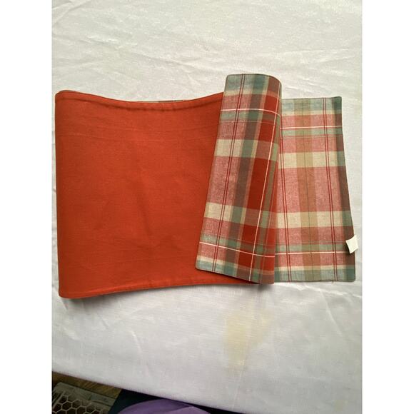 Table Runner  Pumpkin / Paprika Orange w Plaid includes sage green & white EUC - Picture 8 of 11